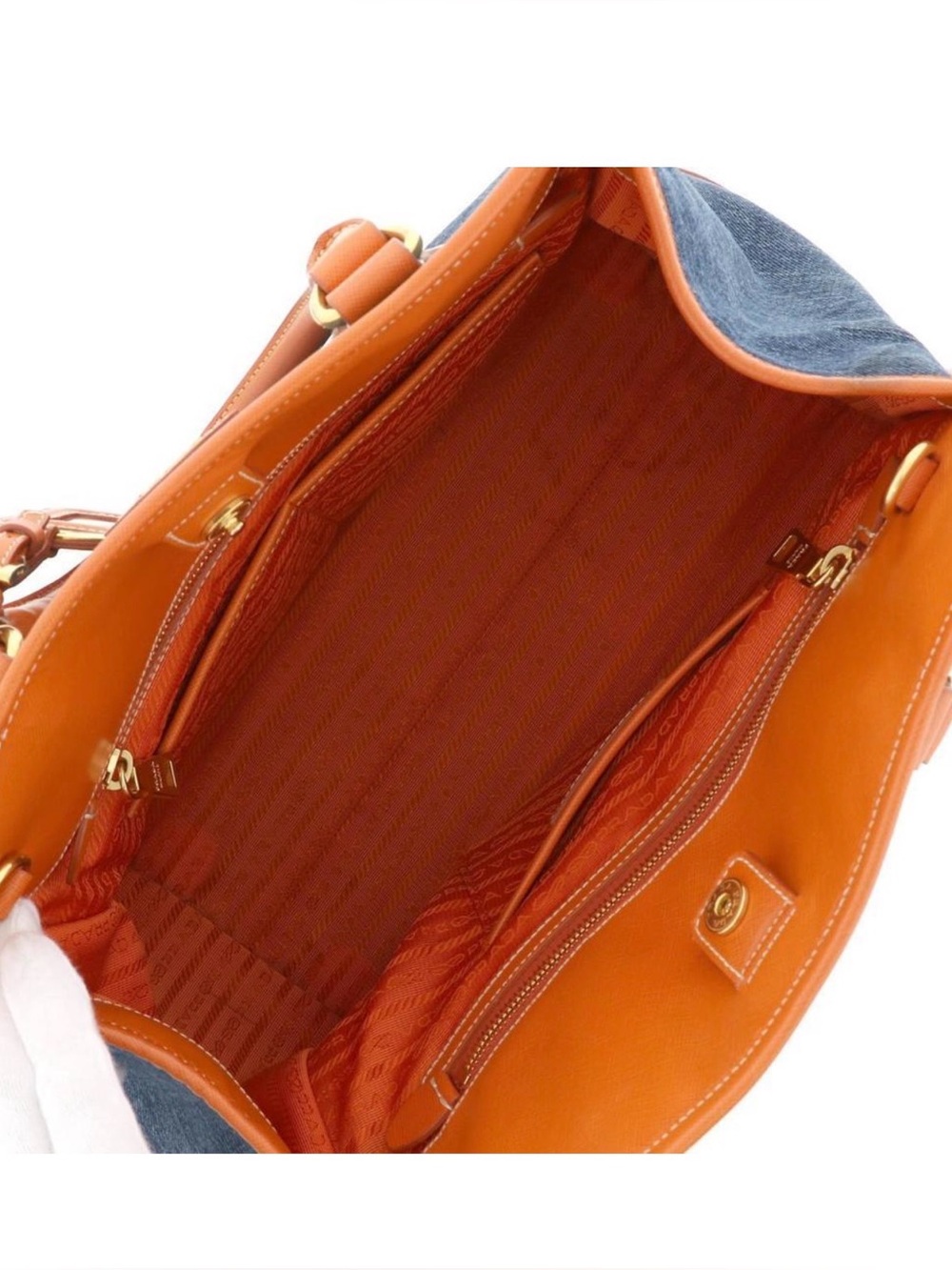 Prada Dark Denim Satchel with Bright Orange Leather Trim - Picture 2 of 5